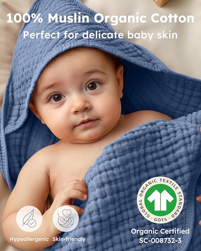 Yoofoss Hooded Baby Towels for Newborn 2 Pack 100% Muslin Organic Cotton Baby Bath Towel with Hood for Babies, Infant, Toddler and Kids, Large 32x32Inch, Soft and Absorbent Newborn Essential