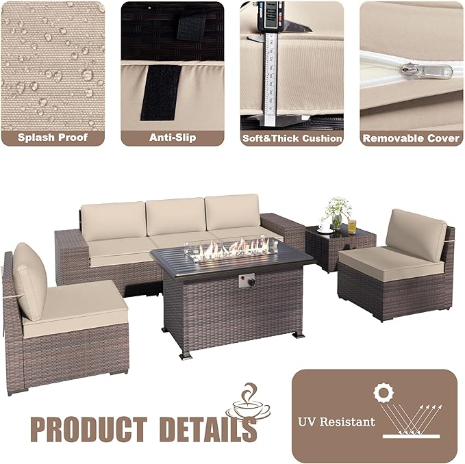 Kurapika 7 Pieces Patio Furniture Set, Rattan Outdoor Conversation Sets w/43in Propane Fire Pit Table and 4 Inch Cushion(Sand)