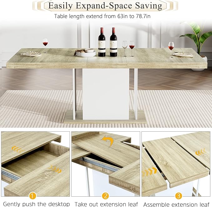 Goujxcy 78.7" Farmhouse Extendable Dining Room Table Set for 4, 5-Piece Rectangle Kitchen Dining Room Table Set with Wood Base and 4 Grey Velvet Dining Chairs, Extending Kitchen & Dining Table Set