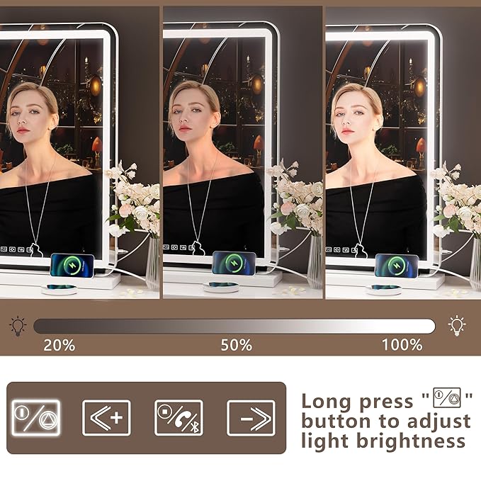 Hasipu Vanity Mirror with Lights and Bluetooth Speaker, 20" x 25" LED Makeup Mirror, Light up Mirror with 10X Magnification and USB Charging Port, Smart Touch 3 Colors Dimmable (White)