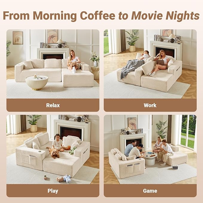 108" Boneless Couch, Cloud Couch Modular Sectional Sofa with Deeper Seat, L-Shaped Sofa with 4 Storage Pockets, Comfy Corduroy Couches for Living Room (Right Facing Chaise, Beige)