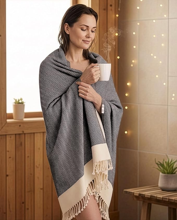 Bazaar Anatolia Turkish Beach Towel 100% Cotton Bath Towels 71x39 Quick Dry Sand Free Lightweight Large Oversized Herringbone Black