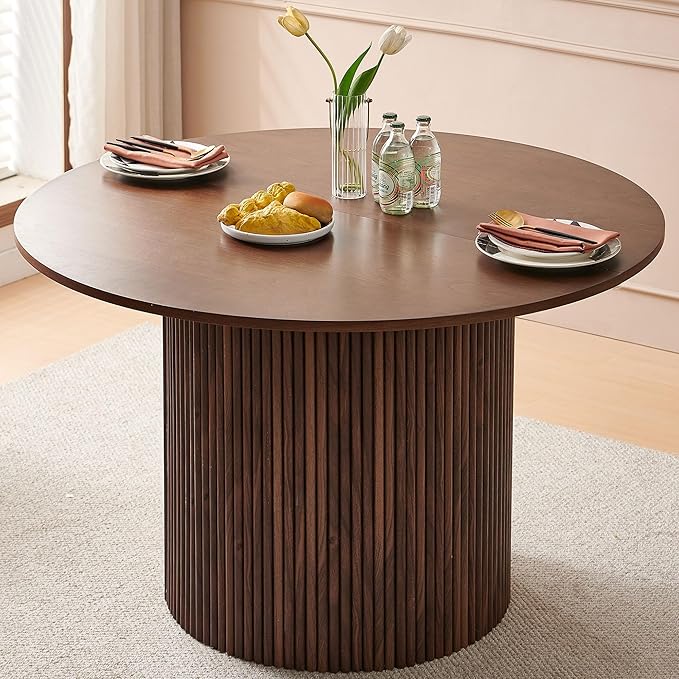47" Round Dining Table for 4, Modern Farmhouse Wood Veneer Top with MDF Striped Base, Kitchen & Dining Room Tables - Walnut Color