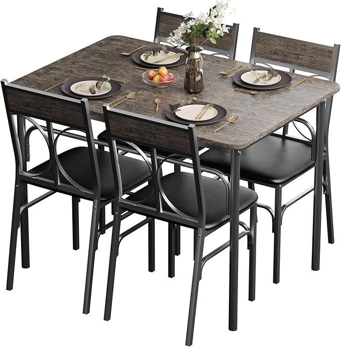 VECELO Dining Table Set for 4, Kitchen Table Set with 4 Chairs for Small Space, Space-Saving and Modern Design, Apartment, Easy to Assemble,Classic Brown