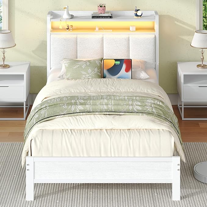 Twin Bed Frames with Charging Station and LED Lights, Metal Platform Bed Frame Twin with Upholstered Storage Headboard, Heavy Duty Metal Slats Support, No Box Spring Needed, Easy Assembly, White