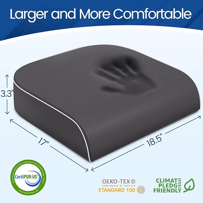 Seat Cushion for Tailbone Pain Relief, Office Chair Cushion, Memory Foam Large Chair Cushion with Non-Slip Cover for Soft Support at Office Chair, Car Seat, Airplane Grey/XLarge