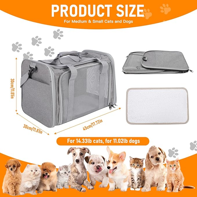 Pet Portable Travel Carrier Bag for Cats Dogs, Mesh Travel Puppy Carrier, Oxford Fabric Large Capacity Breathable Soft-Sided Animals Carrier with Mat Shoulder Strap (Grey)