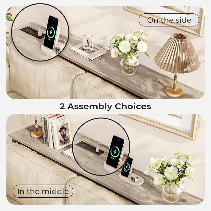 SUPERJARE 70 Inch Console Table with Outlets and USB-C Port, Extra Long Behind Couch Sofa Table with X-Shaped Design, Narrow for Entryway, Living Room, Metal Frame, Wooden Top, Grey Oak