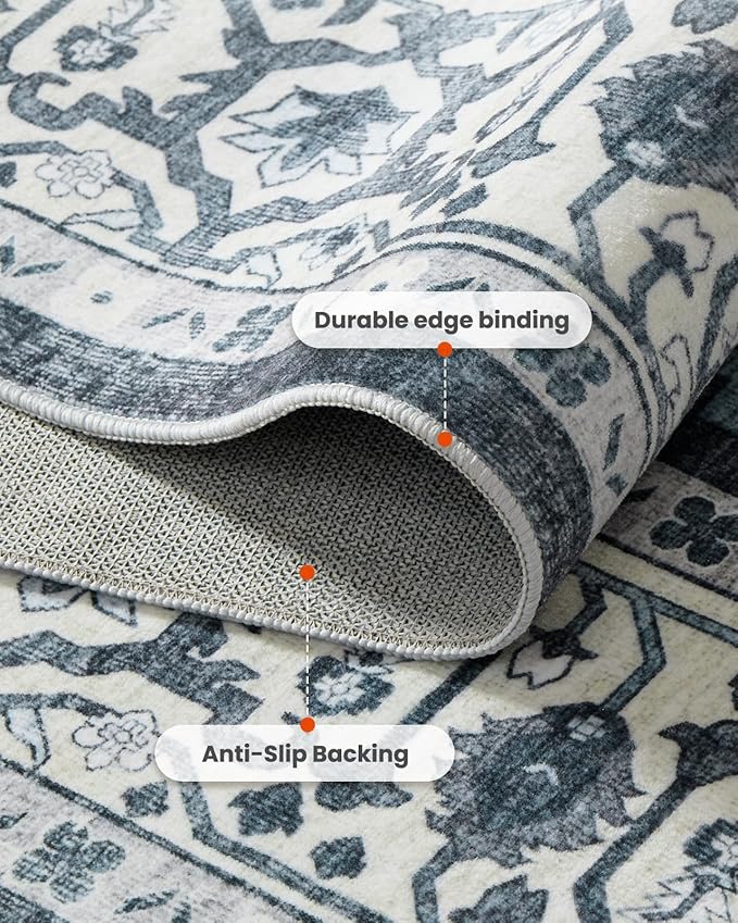 AMADA HOMEFURNISHING 9x12 Area Rug, Washable Low-Profile Large Area Rug with Non-Slip Backing & Durable Edge Binding, Vintage Large Rugs for Living Room, Bedroom