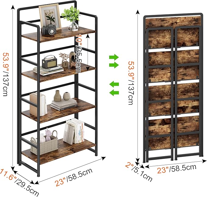 No Assembly Folding Bookshelf, 4 Tiers Collapsible Book Shelf for Home Office, Vintage Wood Foldable Bookcase Storage Organizer for Living Room Bedroom (Rustic Brown)