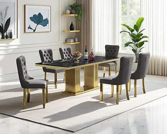 68" Faux Marble Dining Table Set for 6, 7-Piece Dining Set with Black Gold Kitchen Table and 6 Velvet Tufted Chairs, Modern Rectangular Dining Room Tables with Column-Shape Stainless Steel Base
