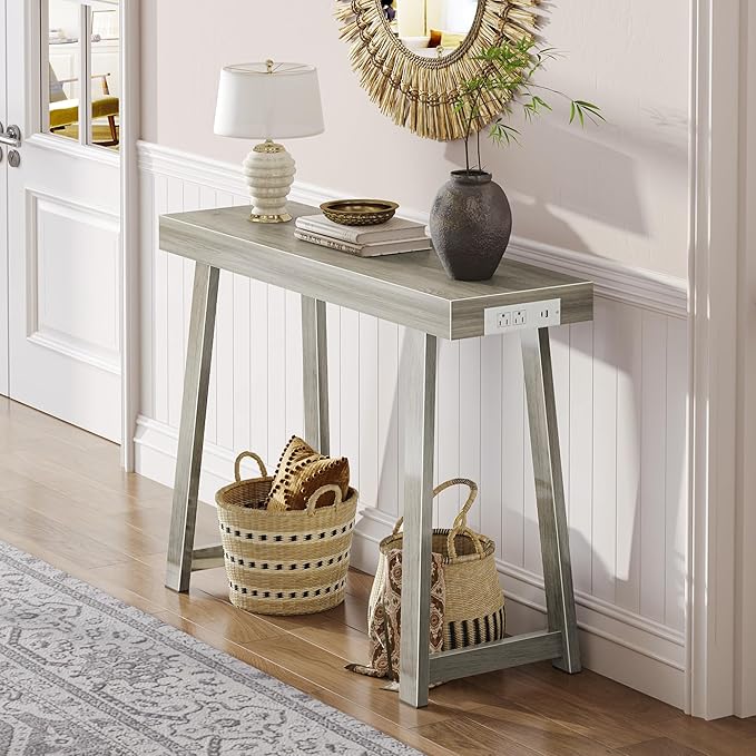 Huuger Entryway Console Table with Charging Station, USB-C Port, 39.4 Inch Sofa Table with Metal Legs, Entry Hallway Table with Thicker Desktop, Modern Behind Couch Table, Grey