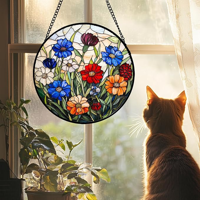 Stained Glass Suncatcher, Colorful Flowers Green Leaf Sun Catcher Landscape Stain Glass Window Hanging Decoration Mother's Day Birthday Gifts for Women Men Mom Nana 15 in