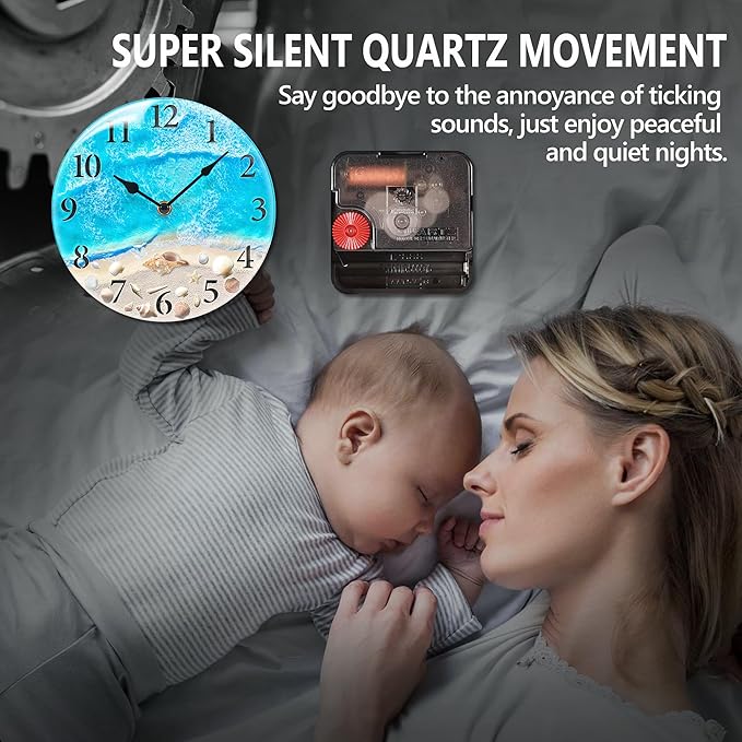 Coastal Nautical Glass Wall Clock with Seashell Design and Aesthetic Beach Theme - Battery Operated Silent Wall Decor for Home, Kitchen, Living Room, Office, Bedroom, or Bathroom (8 Inch,Light Blue)