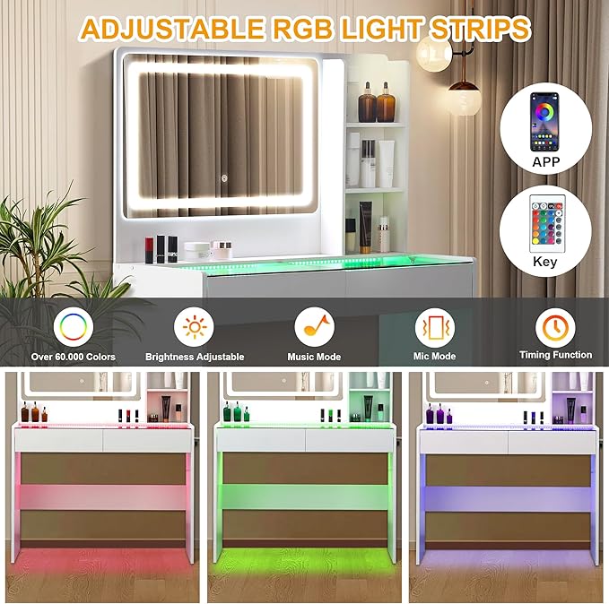 Vanity Desk,Transparent Desktop,Multiple Color Ambient Lights,with Mirror and Tri Color Light Strip,Dressing Table with Charging Station,Equipped with 2 Drawers,White