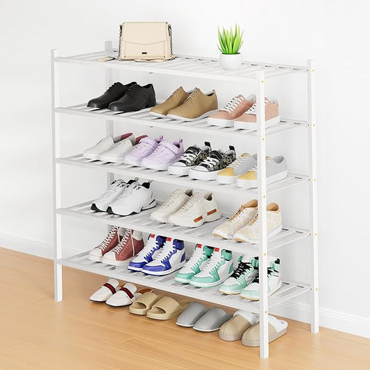 Smiry Shoe Rack, 5 Tier Long Bamboo Shoe Organizer, Stackable Free Standing Wooden Shoe Storage Shelf for Closet, Entryway, Front Door Entrance, White