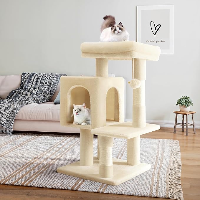 Allewie 29 Inches Cat Tree Tower/Plush Perches Platform/Condo/House/Sisal Scratching Posts/Multi-Level Activity Center Furniture for Kittens/Beige