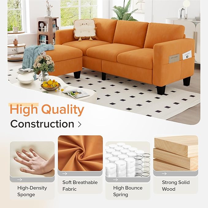 Sectional Sofa Couches for Living Room - 78''Convertible Modular Three-Seater L-Shaped Pet-Friendly Couch,Washable Sofa Cover-Bench Storage, Suitable for Small Living Room, Apartment,Office-Orange