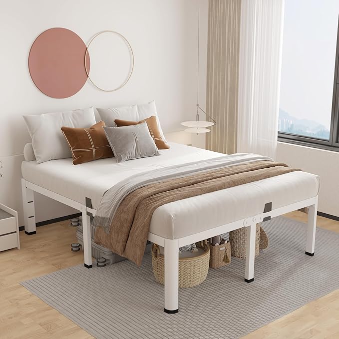 ROIL 18 Inch White California King Bed Frame with Rounded Corner and Headboard Hole Mattress Retainers 3500LBS Heavy Duty Steel Slats No Box Spring Needed Platform Noise-Free Easy Assembly