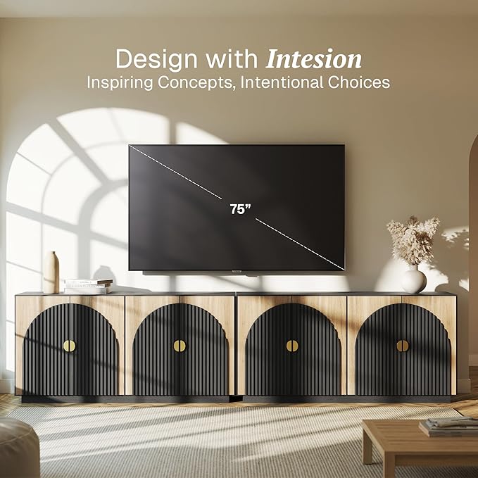 BELLEZE 65 Inch Fluted Buffet Cabinet with Storage, Symmetrical Arc Accent Sideboard Large Console Table for Dining Room, Kitchen, and Living Room (Camel)