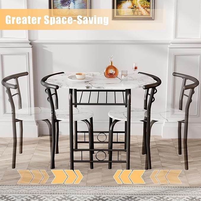 JUMMICO 3-Piece Wooden Round Table & Chair Set, Space Saving Kitchen Breakfast Nook Wood Grain Tabletop with Metal Frame and Built-in Wine Rack for Kitchen, Dining Room (White/Black)