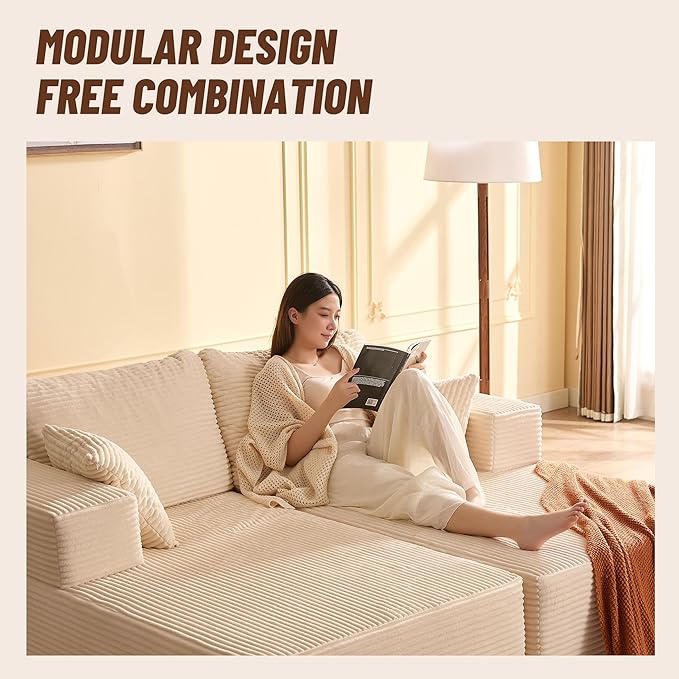 Chaise Lounge Chair, Boneless Couch for Living Room and Bedroom, Sleeper Couches Reading Chairs, Corduroy, White