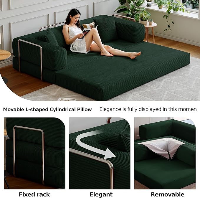 78.8''Convertible Sleeper Sofa Bed,Compressed Floor Boneless Couch,Modular Modern Corduroy Sofa for Living Room Bedroom -with Fixed-Shape Frame and Support Armrest,Easy Assembly(Dark Green)
