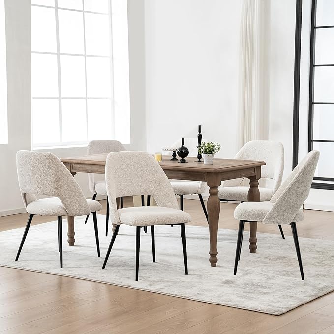 Rowill Boucle Dining Chairs Set of 6, Mordern Upholstered Fabric Dining Room Chairs, Kitchen Side Chairs with Metal Legs for Guest Reception Waiting Living Room, Beige