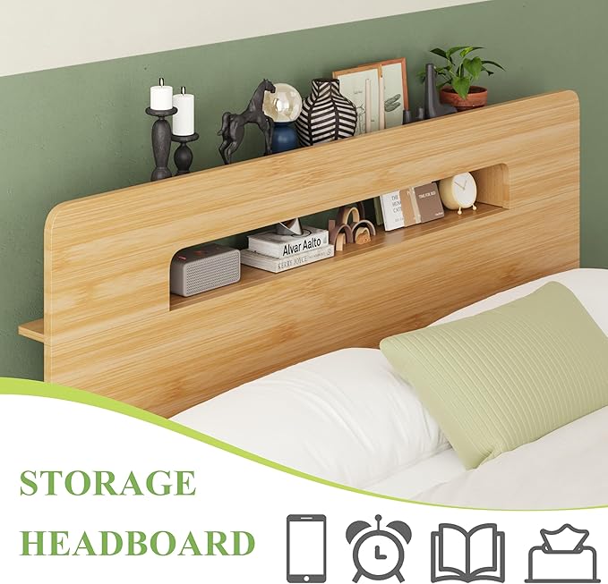 ZIYOO Solid Bamboo Wood Queen Bed Frame with Storage Headboard, 14 inch Platform Bed Frame Queen No Box Spring Needed with Steel Slats, Sturdy and Stable, Easy Assembly, Noise Free