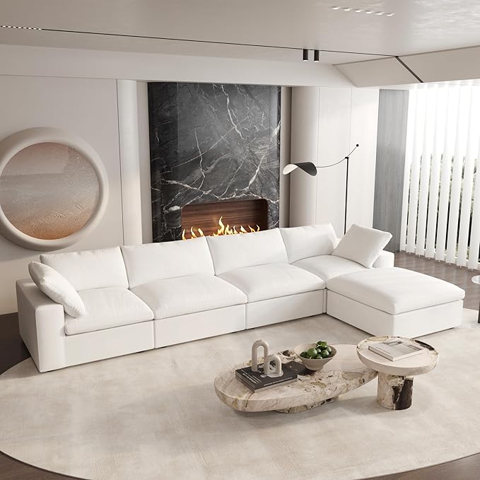 Cloud Modular Sectional Sofa with Storage Ottoman,160.6" Down Filled Comfort L Shaped Sofa Couch for Living Room,Minimalist Wide Deep Seat Convertible Couches,4 Seater and 1ottoman,White