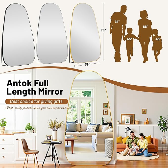 Antok Full Length Mirror, 76"x36" Floor Mirror with Stand,Standing Hanging Leaning Irregular Mirrors for Bedroom Living Room Entryway,Tear Drop Style,Golden