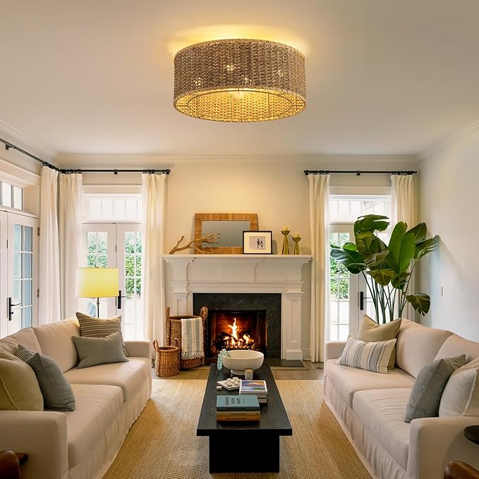 Boho Ceiling Fan with Light,Caged Ceiling Fan with Remote Control Reverible Blades,Low Profile 6 Speeds,Farmhouse Rattan Fandelier Chandelier Ceiling Fans for bedroom,dining room,kitchen ,living room