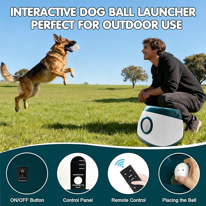 Automatic Dog Ball Launcher, Upgraded Interactive Dog Balls Thrower with 3 Distance 29Ft-79Ft, Remote Control Ball Launcher for Medium&Large Dogs, 6 Etpu Balls Included (Dark Green)