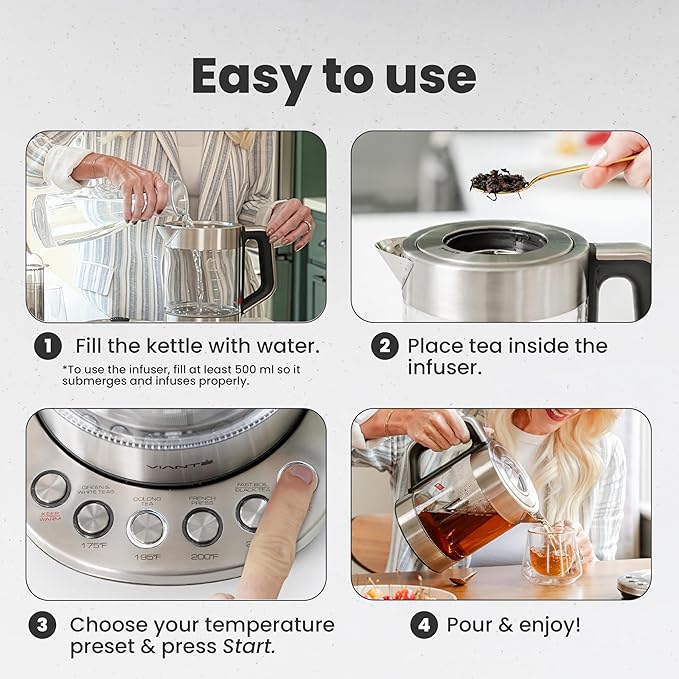Vianté Electric Kettle With Infuser For Loose Leaf. Hot Tea Maker With Temperature Control And Automatic Shut Off. Tea Kettle With Brewing Programs. 1.5 Liters Capacity