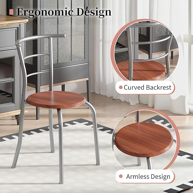 VECELO 3-Piece Dining Table Set for Kitchen Breakfast Nook, Wood Grain Oval Tabletop and Metal Frame with Built-in Wine Rack, for Small Spaces, Brown & Silver