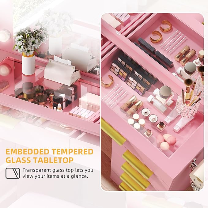 DWVO 46'' Glass Top Makeup Vanity with 10 Drawers, Vanity Desk Set with Large LED Mirror, Built-in Charging Station, Cushioned Storage Chair, 3-Color Light Modes