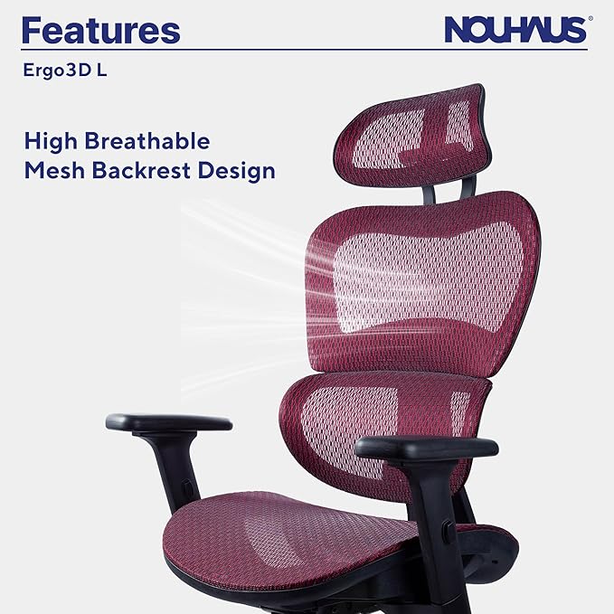 Nouhaus Ergo3dL Home Office Desk Chairs Ergonomic Office Chair High-Back Mesh Rolling Work Chairs with Wheels and Adjustable Headrests Comfortable Lumbar Support Adjustable Armrests(Burgundy)