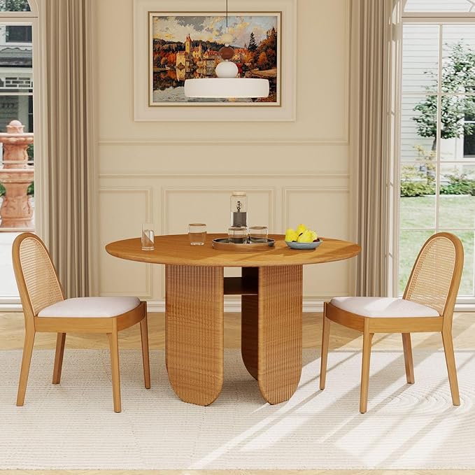 LukeAlon Modern Linen Dining Chairs Set of 6, Natural Woven Rattan Cane Back Side Chairs with Solid Wood Legs Mid Century Dinner Chairs for Kitchen Living Room, Beige