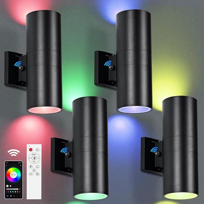 RGBCW Outdoor Wall Light 4 Pack, Smart Porch Light Dusk to Dawn Lighting with Remote Control, WiFi Outdoor Wall Sconce, Compatible with Alexa, Exterior Lights for House Porch Garage