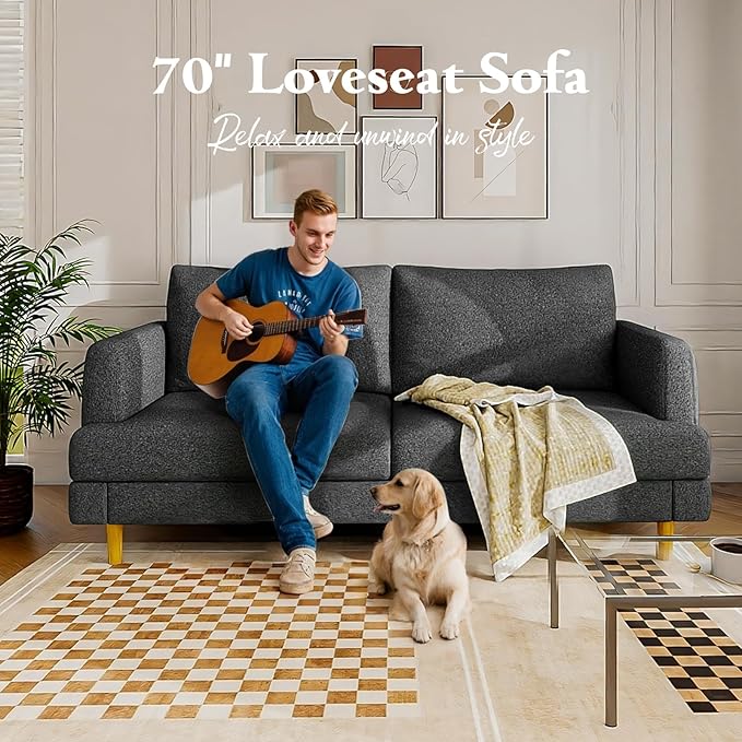 Loveseat Sofa Couch for Living Room with USB Type C Ports – Dark Gray Upholstered 70" Small Couches for Bedroom, Office or Apartment–Modern 2-Seater Deep Seating with Soft Cushions & Sturdy Frame