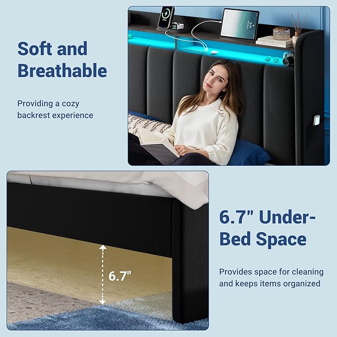 Allewie Velvet Vertical Tufted Queen Upholstered Platform Bed Frame with 2-Tier LED Storage Headboard & 2 Storage Drawers, USB & Type-C Charging Ports, Noise-Free/No Box Spring Needed, Black