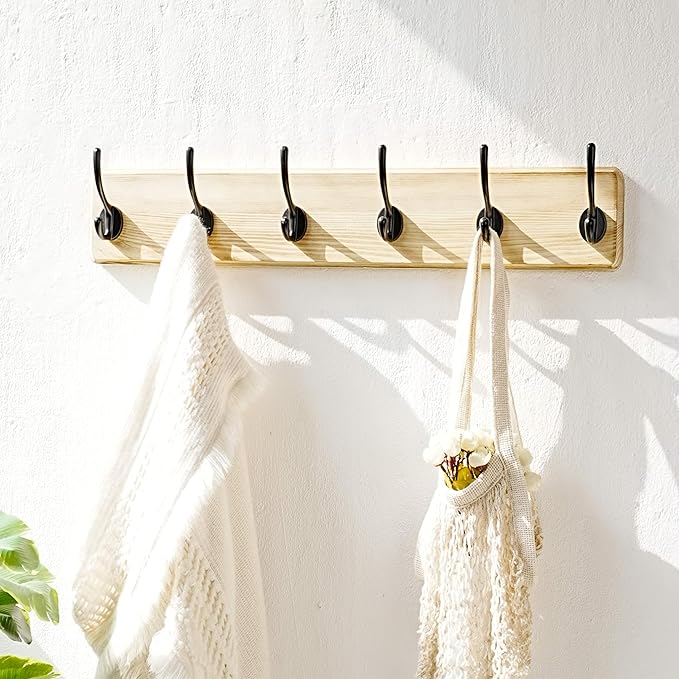 Dseap Coat Rack Wall: 24" Long, Patented, Heavy-Duty, 6-Double-Hooks Wooden Wall Mounted Coat Rack Coat Hanger Hook Rail for Winter Coats Hat Jacket Clothing, Light Brown, Pack of 2