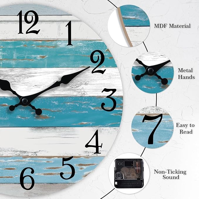 Wall Clock Battery Operated 10 Inch Outdoor Beach Style Blue Coastal Retro Silent Non Ticking Decorative for Bathroom Kitchen Living Room Bedroom