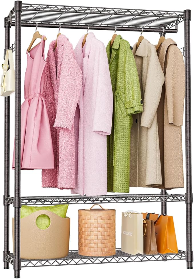 Heavy Duty Rolling Garment Rack 3 Tiers Adjustable Wire Shelving Clothes Rack with 1 Rods and Side Hooks,Storage Closet Clothing Rack Grey 15.7" D x 45.3" W x 72.4" H
