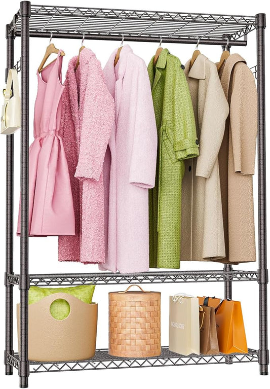 Heavy Duty Rolling Garment Rack 3 Tiers Adjustable Wire Shelving Clothes Rack with 1 Rods and Side Hooks,Storage Closet Clothing Rack Grey 15.7" D x 45.3" W x 72.4" H
