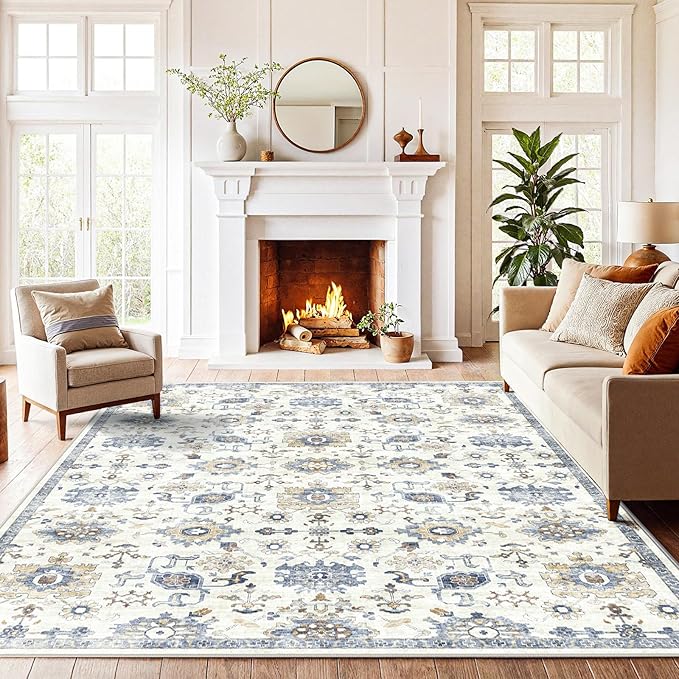 AMADA HOMEFURNISHING 8x10 Washable Area Rug, Low-Profile Large Area Rug with Non-Slip Backing & Durable Edge Binding, Vintage Large Rugs for Living Room, Bedroom, Dinning Room