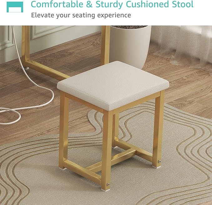 White Makeup Vanity Desk with Lights - 40 inch Girls Vanity Set with Mirror and Chair, Make Up Dresser Table with Drawers and Power Outlet for Bedroom Small Space, White and Gold