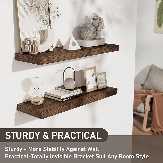 Fun Memories Floating Shelves - 2 Pack 30 Inch Long Rustic Wooden Wall Shelves - 8 Inch Deep Wall Mounted Storage Shelf with Invisible Heavy-Duty Brackets for Books, Bathroom, Kitchen - Walnut