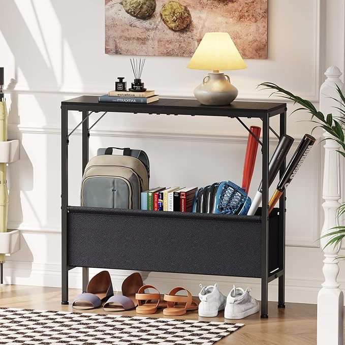 Small Console Table with Storage Basket, 31.5'' Couch Table Behind Sofa, Entryway Table, Sofa Table, Narrow ConsoleTable, Display Table for Hallway, Foyer, Living Room, Black