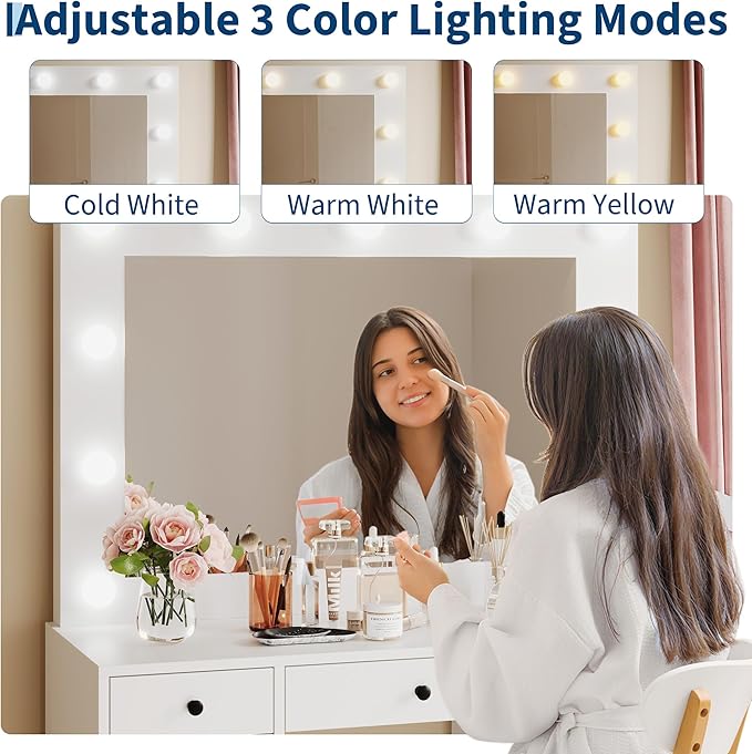 Garvee White Vanity Desk with Mirror and Light, Makeup Vanity Table with Charging Station, 7 Storage Drawers, 1 Cabinet, 3 Color Lighting Modes, Modern Wooden Dressing Table for Bedroom